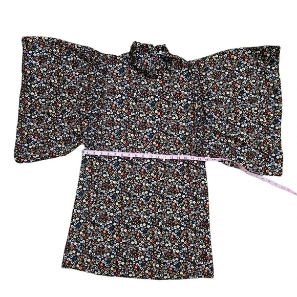 Zara Black Floral Mini Dress Bell Sleeves Ruffle Neck Cottagecore Boho Size S - Picture 6 of 7
